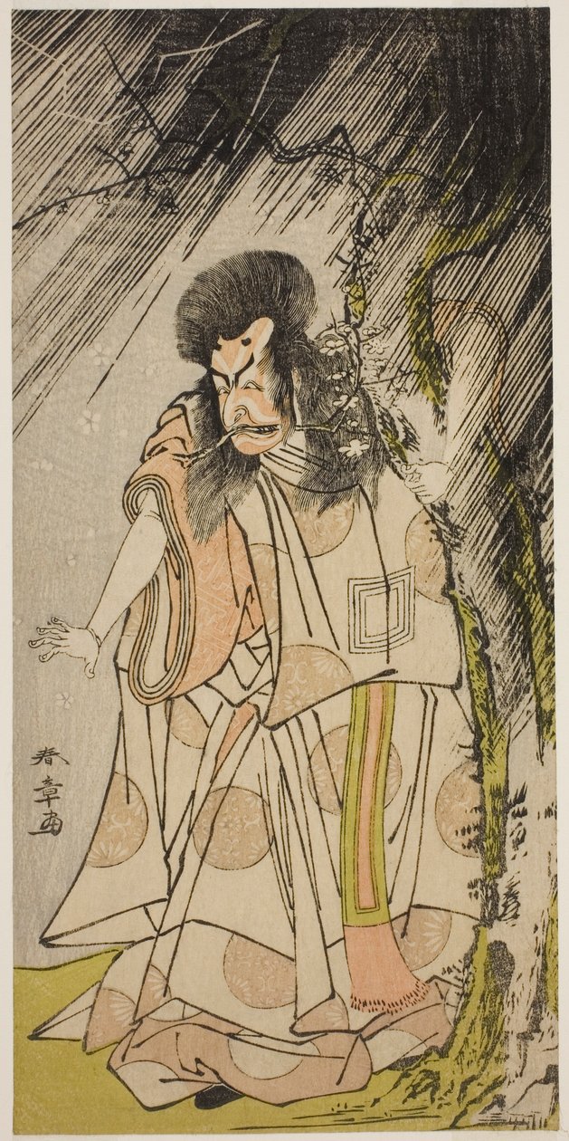 A színész Ichikawa Ebizo III, mint a mennydörgés isten, Sugawara Michizane megtestesülése a Sugawara Denju Tenarai Kagami című darabban, amelyet az Ichimura Színházban mutattak be a nyolcadik hónapban, 1776 alkotó: Katsukawa Shunsho