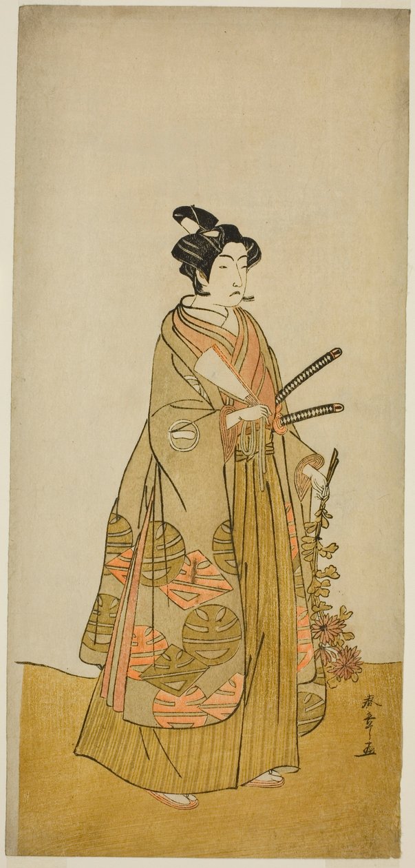 II. Ichikawa Monnosuke színész Kichisaburo szerepében, Kicsidzsi templomoldala a Sono Kyodai Fuji no Sugatami című darabban, amelyet a Morita Színházban mutattak be a második hónapban, 1776 alkotó: Katsukawa Shunsho