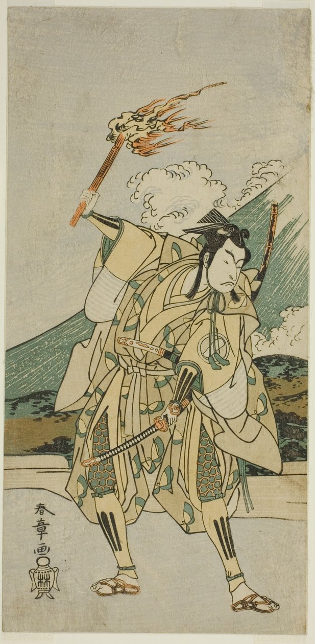 A színész Ichikawa Monnosuke II Soga no Goro Tokimune szerepében a Haru wa Soga Akebono-zoshi (?) színdarabban, a Nakamura Színházban (?) az első hónapban, 1772 (?) alkotó: Katsukawa Shunsho