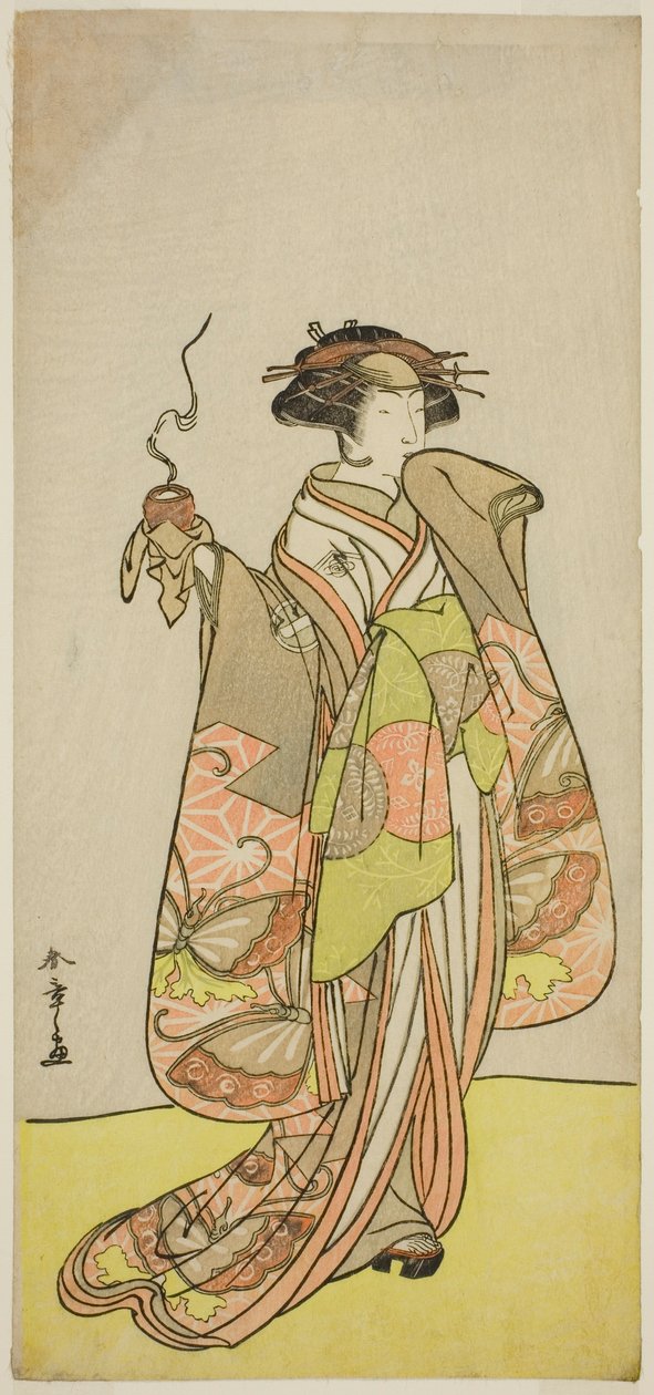 II. Ichikawa Monnosuke színész Kewaizaka no Shosho udvarhölgye a Sono Kyodai Fuji no Sugatami című darabban, amelyet a Morita Színházban mutattak be az első hónapban, 1776 alkotó: Katsukawa Shunsho