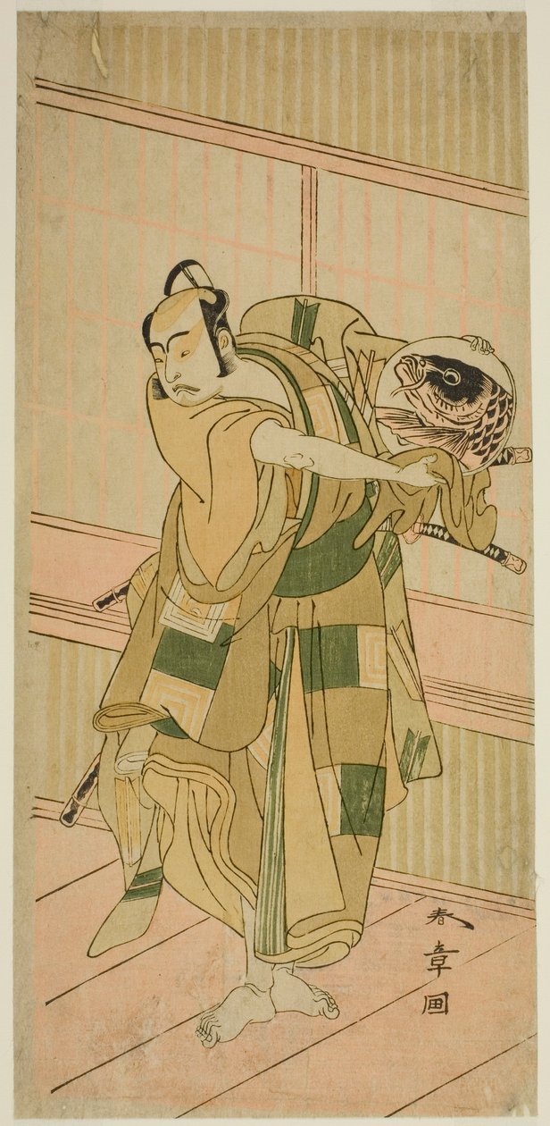 A színész, Ichikawa Yaozo II, mint Ashikaga Motouji Katagiri Yashichiként álcázva az Oyoroi Ebido Shinozuka című darabban, amelyet a Nakamura Színházban mutattak be a tizenegyedik hónapban, 1772 alkotó: Katsukawa Shunsho