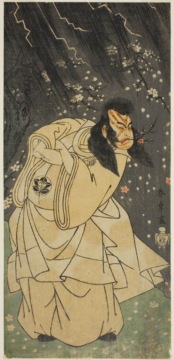 A színész Ichimura Uzaemon IX Kan Shojo szerepében a Sugawara Denju Tenarai Kagami című darabban, amelyet az Ichimura Színházban mutattak be a nyolcadik hónapban, 1768 alkotó: Katsukawa Shunsho