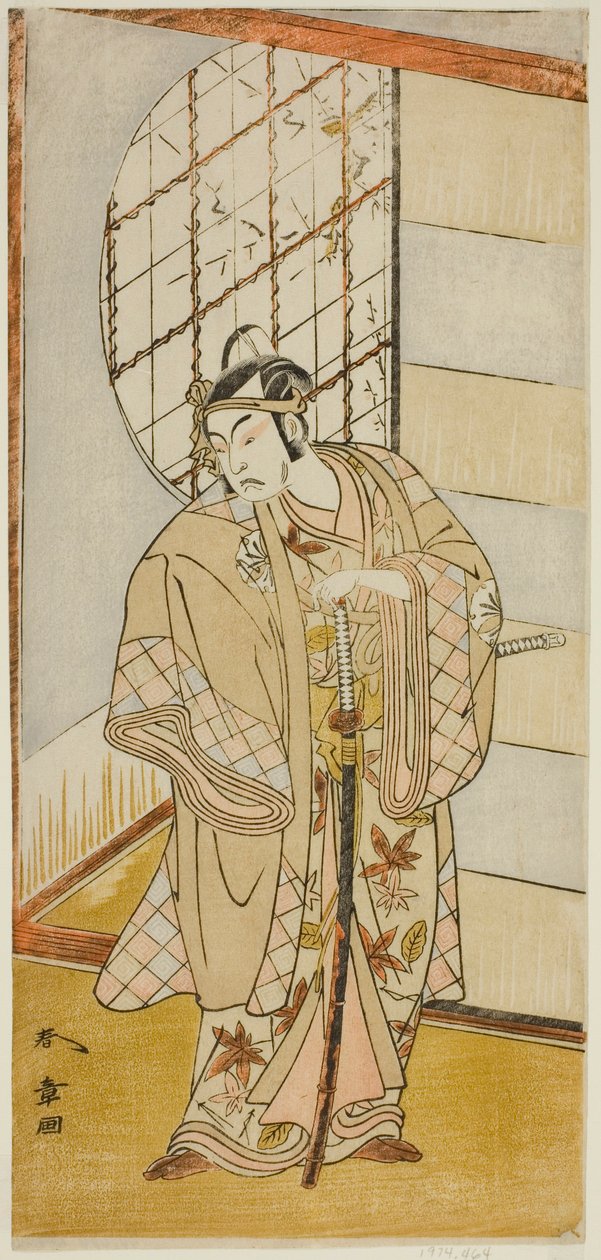 Matsumoto Koshiro IV. Matsuo-maru szerepében a Sugawara Denju Tenarai Kagami című darabban, amelyet a Nakamura Színházban mutattak be a kilencedik hónapban, 1773 alkotó: Katsukawa Shunsho