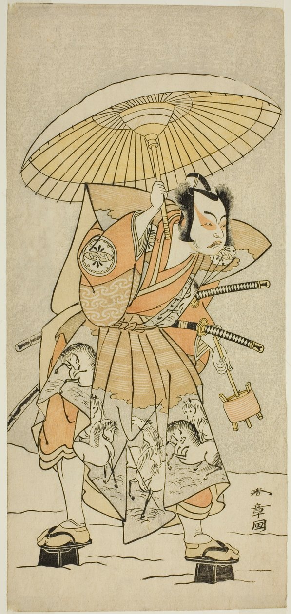 A színész, Nakamura Juzo II Kajiwara Genta Kagetoki szerepében az Izu-goyomi Shibai no Ganjitsu című darabban, a Morita Színházban a tizenegyedik hónapban, 1772 alkotó: Katsukawa Shunsho