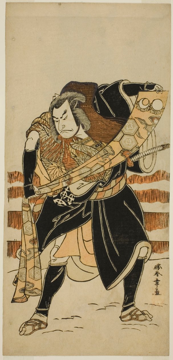 A színész, Nakamura Nakazo I, mint Abe no Sadato (?) a Nishiki Tsui no Yumitori (?) színdarabban, a Morita Színházban (?) a tizenegyedik hónapban, 1778 (?) alkotó: Katsukawa Shunsho