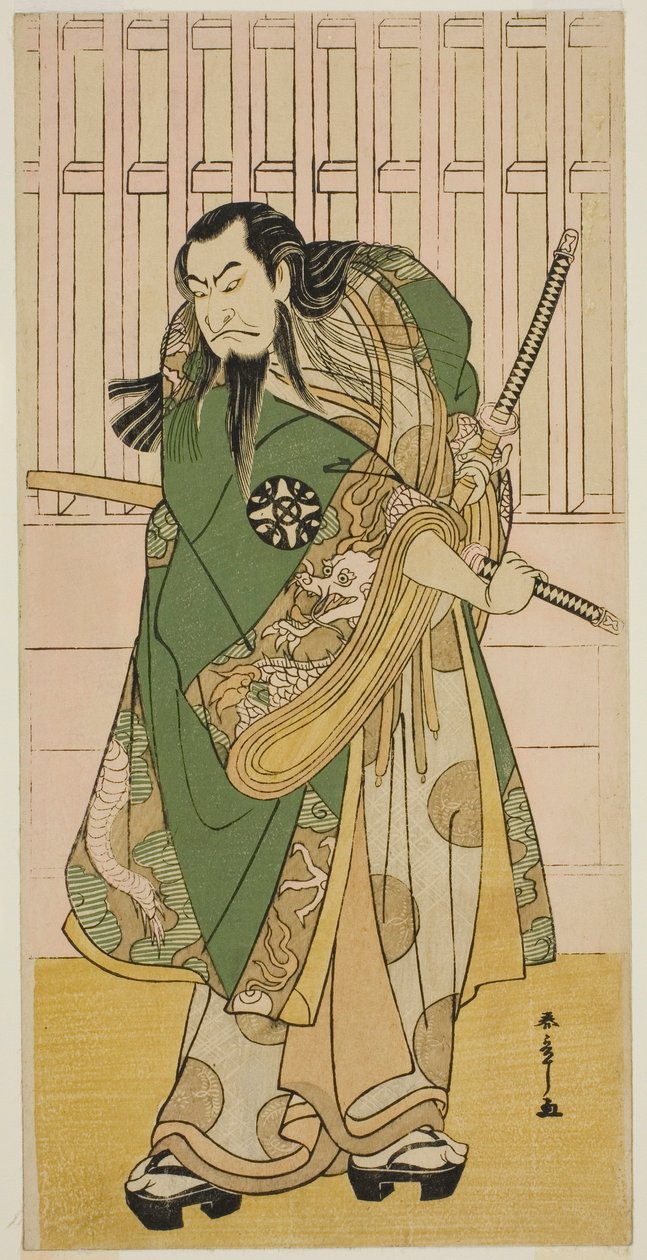 Nakamura Nakazo I színész Hige no Ikyu szerepében a Nanakusa Yosooi Soga című darabban, a Nakamura Színházban az Ötödik hónapban, 1782 alkotó: Katsukawa Shunsho