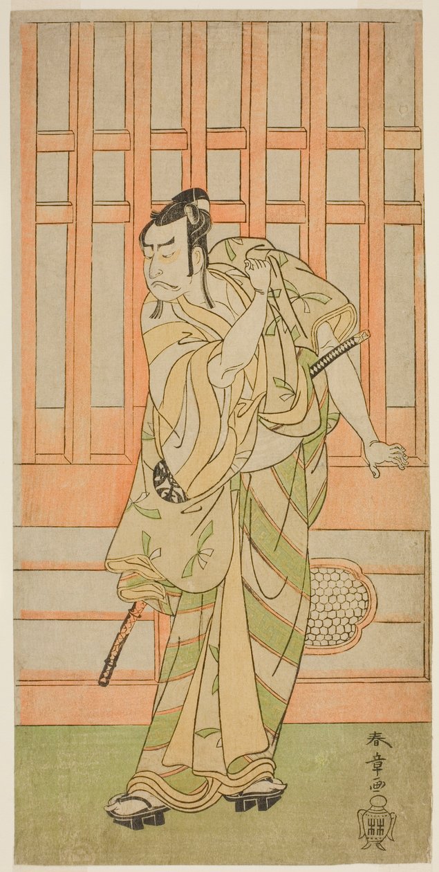 I. Nakamura Nakazo színész Kudo Saemon Suketsune (?) szerepében a Sakai-cho Soga Nendaiki (?) című darabban, a Nakamura Színházban (?) az első hónapban, 1771 (?) alkotó: Katsukawa Shunsho