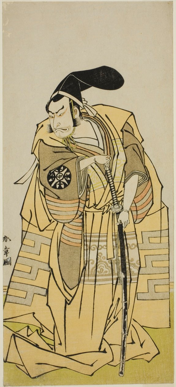 Az Iro Moyo Aoyagi Soga (?) című darabot a Nakamura Színházban játsszák 1775 második hónapjában (?) alkotó: Katsukawa Shunsho