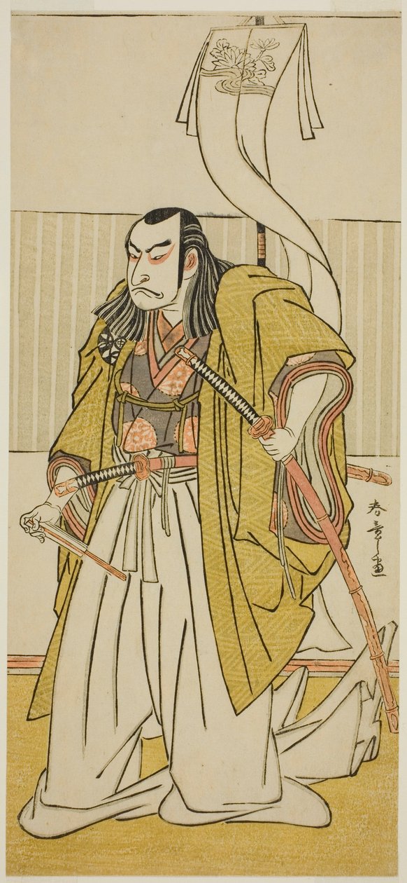 A színész, Nakamura Nakazo I, mint Kusunoki Masayuki Uji no Joetsunak álcázva, a Go Taiheiki Shirishi-banashi című darabban, a Morita Színházban a negyedik hónapban, 1780 alkotó: Katsukawa Shunsho