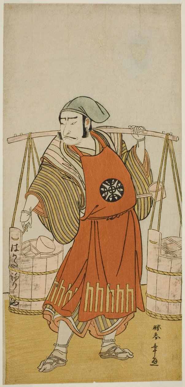 A színész, Nakamura Nakazo I, mint Nagasaki Kageyuzaemon, Gorohachi, a szake eladónak álcázva, a Hikitsurete Yagoe Taiheiki című darabban, amelyet a Morita Színházban mutattak be a tizenegyedik hónapban, 1776 alkotó: Katsukawa Shunsho