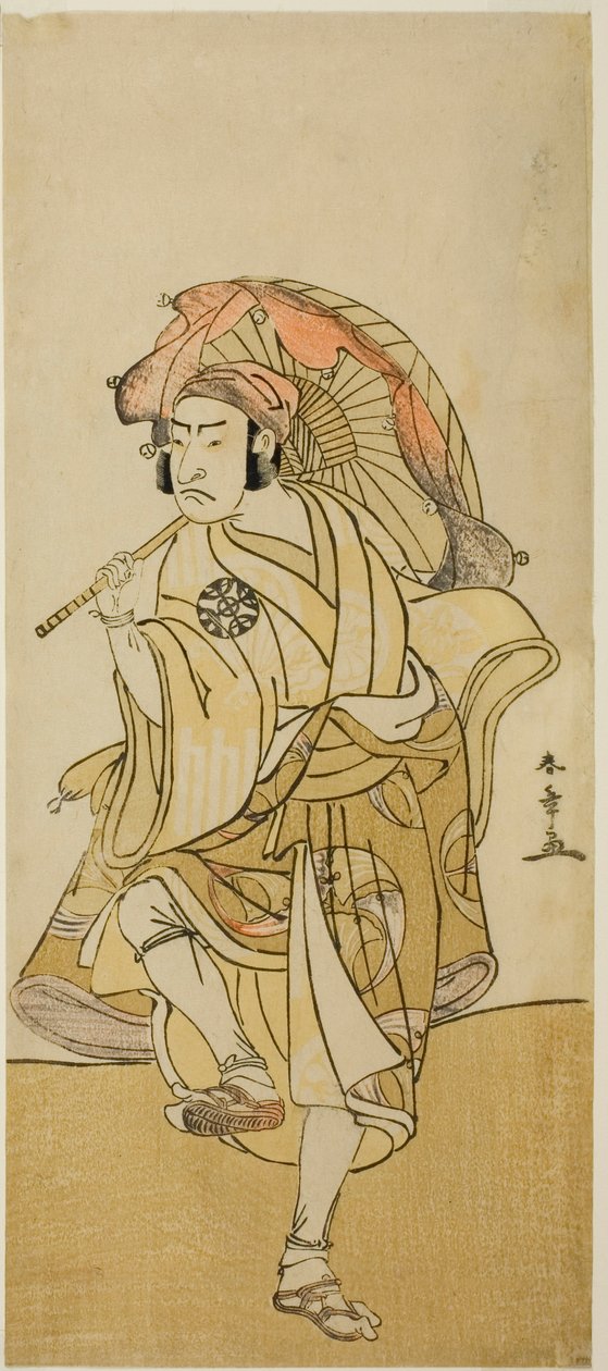 A színész Nakamura Nakazo I, mint Onmaya Kisanda Kakubei oroszlántáncosnak álcázva a Chigo Torii Tobiiri Kitsune című darabban, amelyet az Ichimura Színházban mutattak be a tizenegyedik hónapban, 1777 alkotó: Katsukawa Shunsho