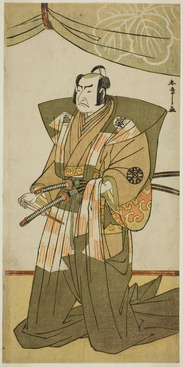 I. Nakamura Nakazo színész Saito Sanemori szerepében a Kitekaeru Nishiki no Wakayaka című darabban, a Nakamura Színházban a tizenegyedik hónapban, 1780 alkotó: Katsukawa Shunsho
