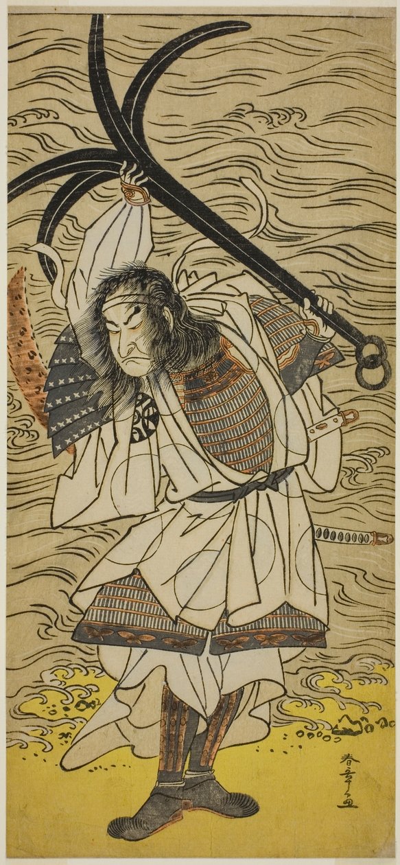 A színész Nakamura Nakazo I, mint Taira no Tomomori, Tokaiya Gimpeinek álcázva, a Yoshitsune Sembon-zakura színdarabban, amelyet a Morita Színházban mutattak be a negyedik hónapban, 1777 alkotó: Katsukawa Shunsho