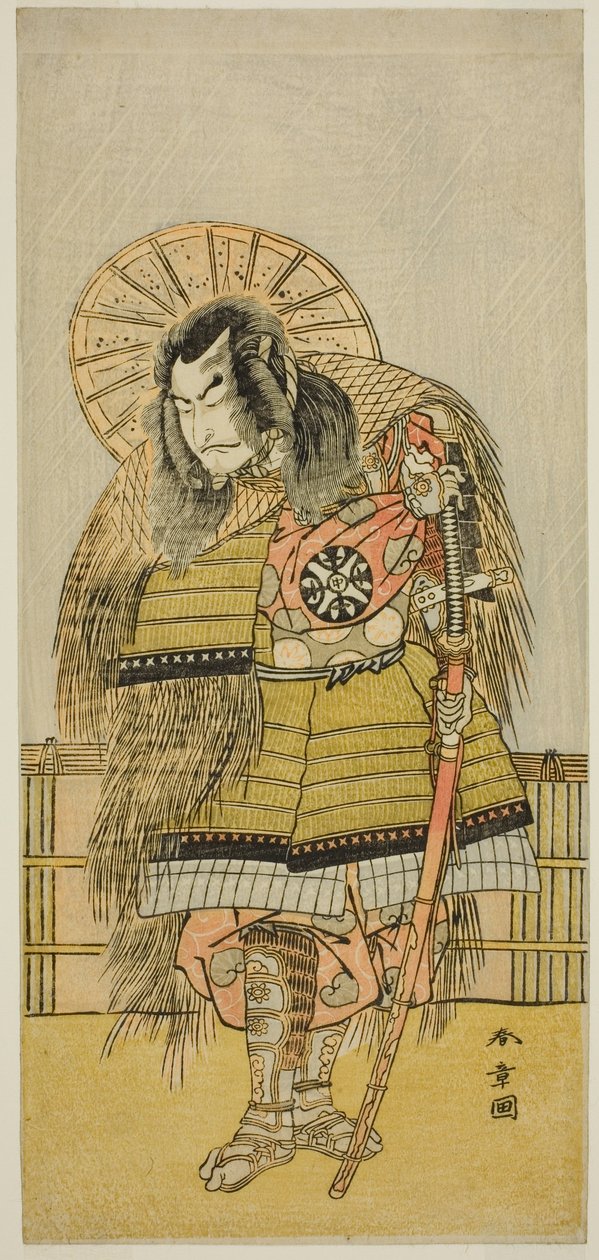 Nakamura Nakazo I Takechi Jubei Mitsuhide szerepében a Shusse Taiheiki című darabban, amelyet a Nakamura Színházban adnak elő a nyolcadik hónapban, alkotó: Katsukawa Shunsho