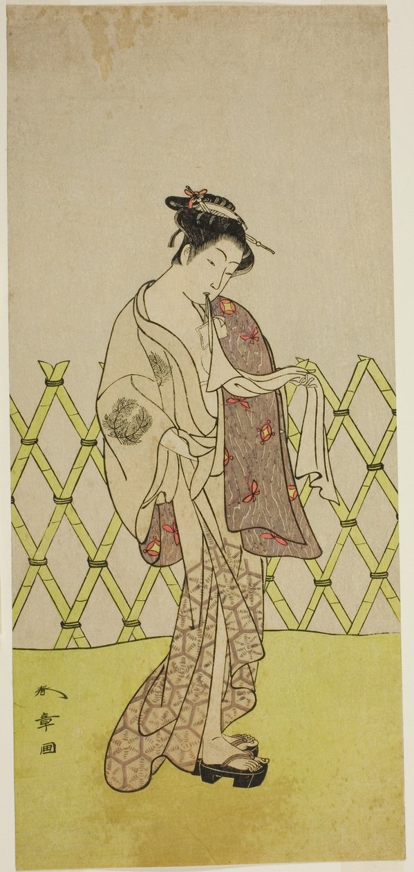 Mr. Nakamura Rikoi egy kicsi lány (?) tagja Te Pay. O úr nézőpontja Menj fel, Perfor me d At Te Ichimura Ter tag Te E ghth Gate th, 1773 alkotó: Katsukawa Shunsho