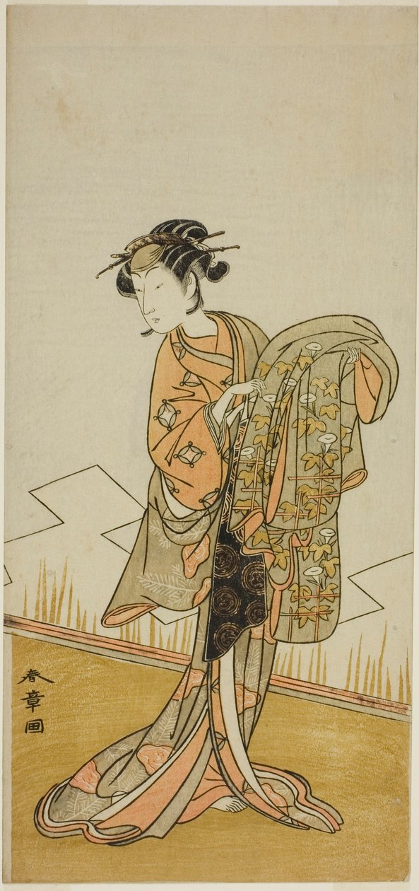 A színész, Nakamura Riko I. Wakamatsu udvarhölgyeként (?) a Gohiiki Kanjincho (?) című darabban, amelyet a Nakamura Színházban (?) mutattak be a tizenegyedik hónapban, 1773 (?) alkotó: Katsukawa Shunsho