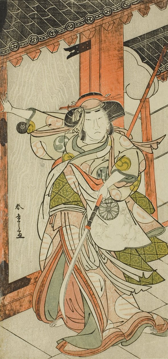 A színész, Nakamura Tomijuro I. Hangaku Gozen betöri a kaput a Wada-gassen Onna Maizuru (A Wada-konfliktus: Egy nő maizuru) című darabban, a Nakamura Színházban a hetedik hónap huszonötödik napjától alkotó: Katsukawa Shunsho