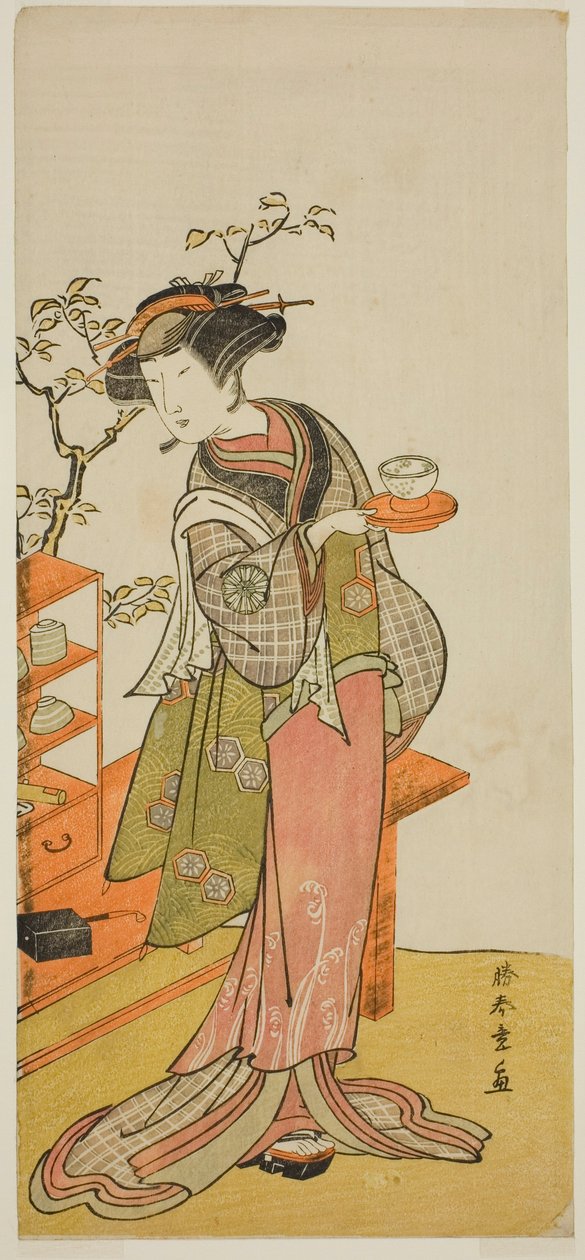 A színész, Nakamura Tomijuro I, mint Otake pincérnő a Chigo Suzuri Aoyagi Soga című darabban, a Nakamura Színházban az első hónapban, 1777 alkotó: Katsukawa Shunsho