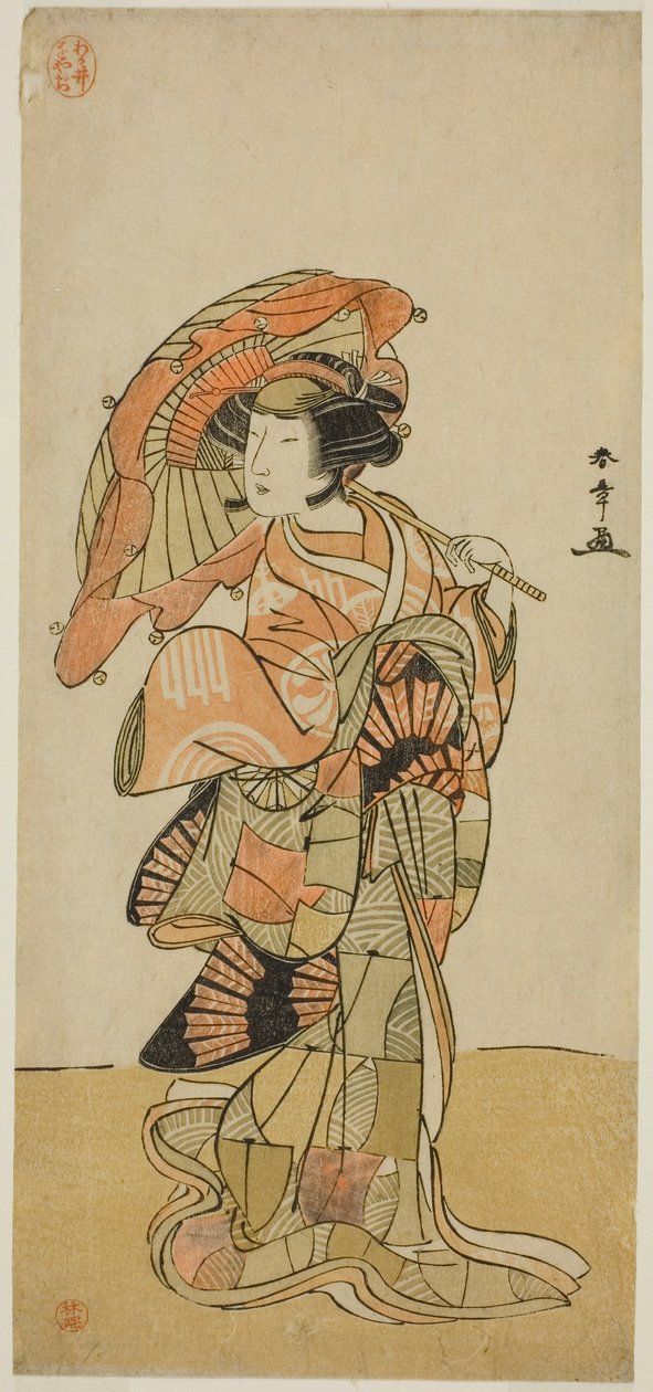 I. Nakamura Tomijuro színész nőstény róka szerepében az Ubagadake hegyről a Chigo Torii Tobiiri Kitsune című darabban, amelyet az Ichimura Színházban 1777. tizenegyedik hónapjában mutattak be. alkotó: Katsukawa Shunsho