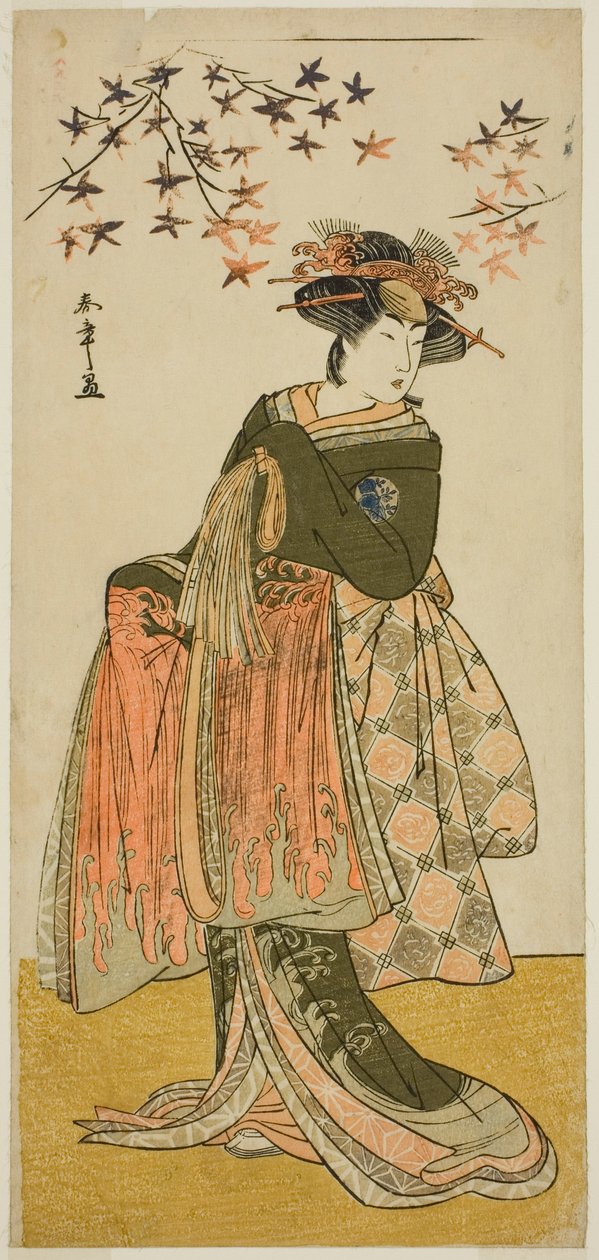I. Nakayama Tomisaburo színész gésa Yukino (vagy Oyuki?) szerepében a Kabuki no Hana Bandai Soga című darabban, amelyet az Ichimura Színházban mutattak be a negyedik hónapban, 1781 alkotó: Katsukawa Shunsho