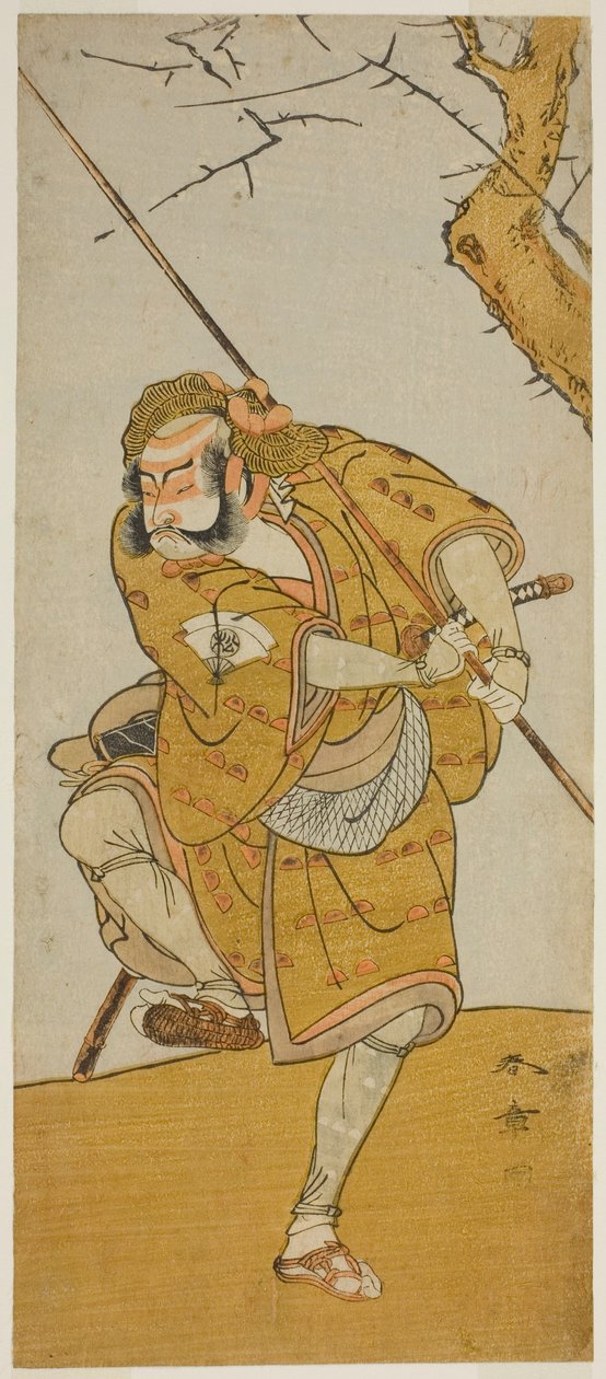 A színész, Onoe Matsusuke I, mint Kobayashi no Asahina Madárfogónak álcázva az Edo no Haru Meisho Soga című darabban, amelyet az Ichimura Színházban mutattak be a harmadik hónapban, 1773 alkotó: Katsukawa Shunsho