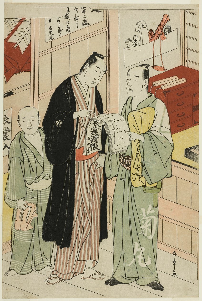 Onoe Matsusuke I. színész egy színház gardróbszobájában alkotó: Katsukawa Shunsho