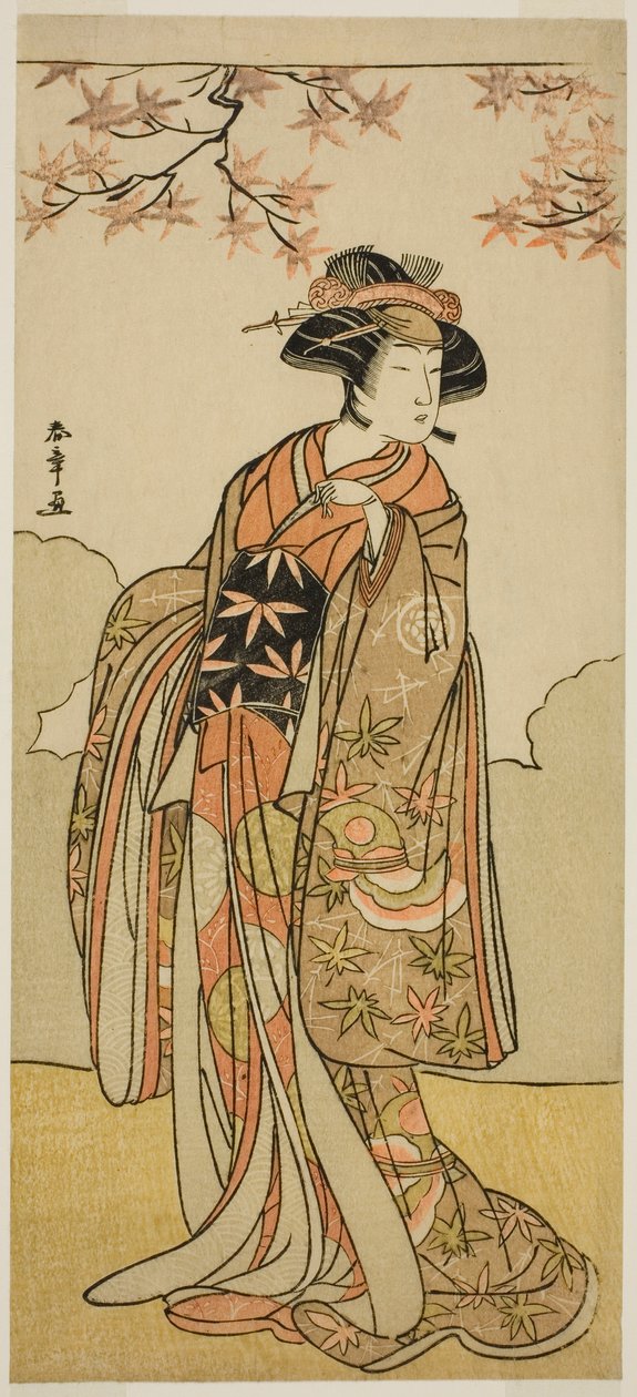 A színész, Osagawa Tsuneyo II, mint Onoe no Mae a Nishiki Tsui no Yumitori című darabban, a Morita Színházban a tizenegyedik hónapban, 1778 alkotó: Katsukawa Shunsho