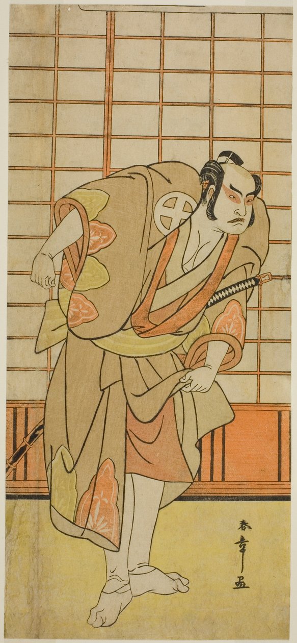 A színész Otani Hiroji III mint Hata no Daizen Taketora, Shikishima Wakahei álruhában a Juni-hitoe Komachi-zakura című darabban, amelyet a Kiri Színházban adtak elő 1784 tizenegyedik hónapjában. alkotó: Katsukawa Shunsho