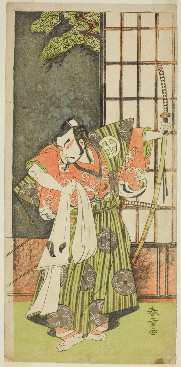 Otani Hiroji III színész Kawazu no Saburo szerepében a Myoto-giku Izu no Kisewata című darabban, amelyet az Ichimura Színházban mutattak be a tizenegyedik hónapban, 1770 alkotó: Katsukawa Shunsho