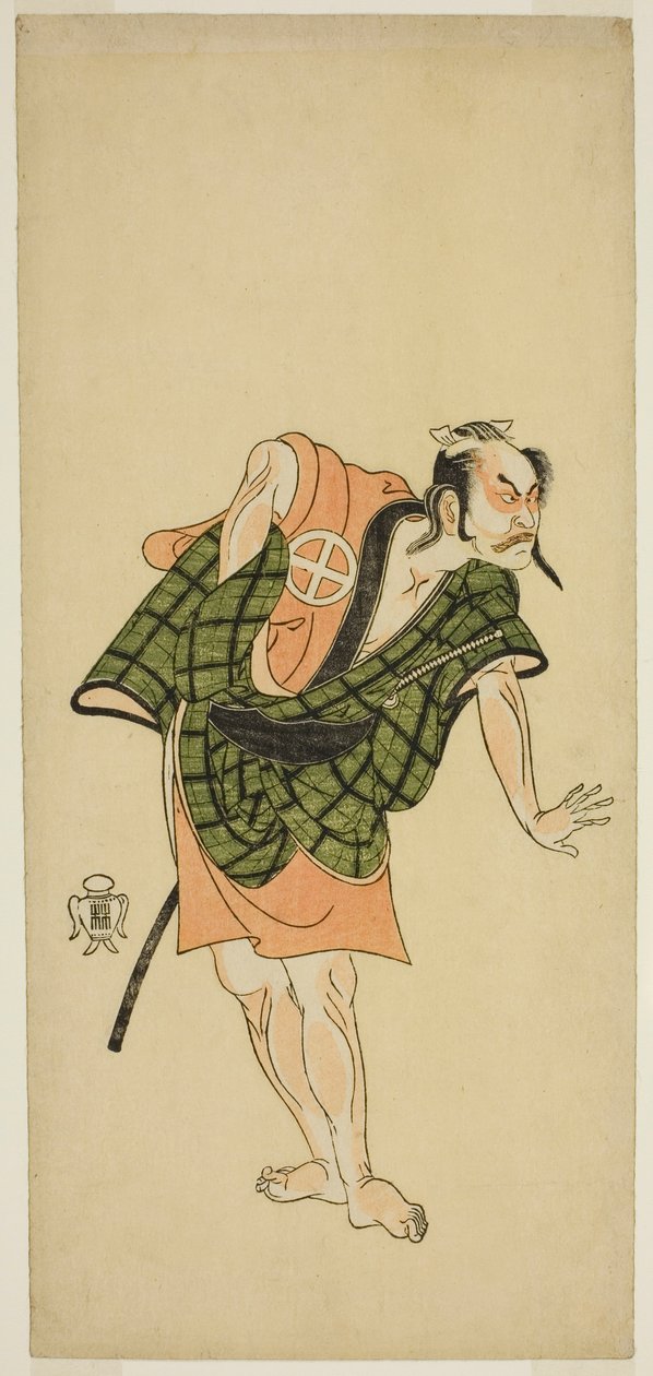 Otani Hiroji III színész Onio Shinzaemon (?) szerepében a Bunshin Sugatami Soga (?) színdarabban, amelyet a Morita Színházban (?) mutattak be a második hónapban, 1765 (?) alkotó: Katsukawa Shunsho