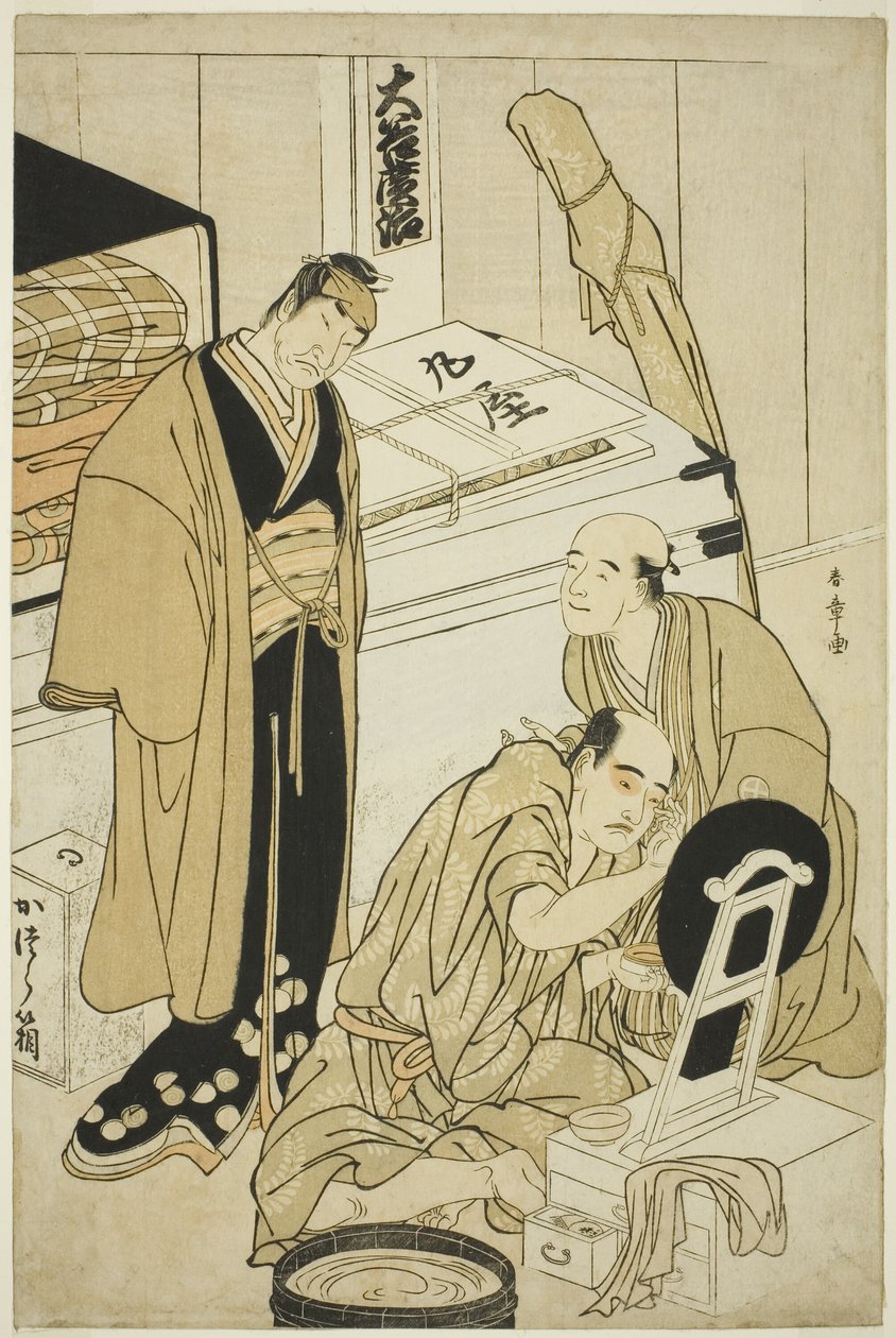 A színész Otani Hiroji III az öltözőjében I. Otani Tokuji (?) és Nakamura Nakazo I (?) figyeli alkotó: Katsukawa Shunsho