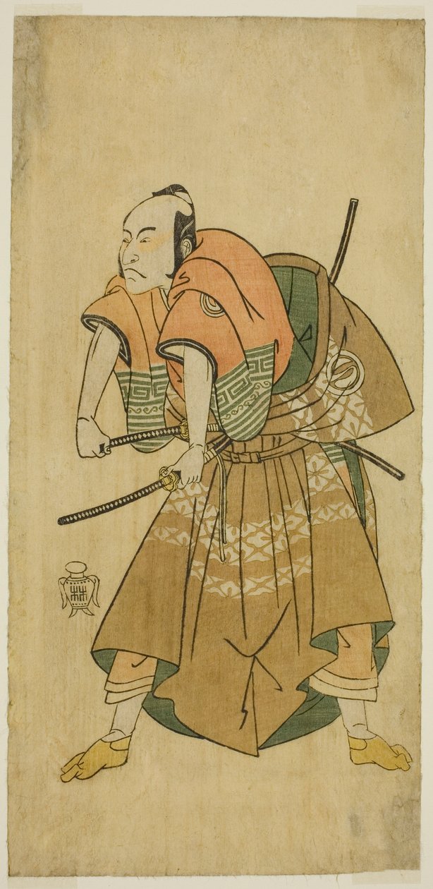 Sawamura Sojuro II Omi no Kotoda (?) szerepében a Shuen Soga Omugaeshi (?) színdarabban, amelyet az Ichimura Színházban (?) mutattak be a második hónapban, 1768 (?) alkotó: Katsukawa Shunsho