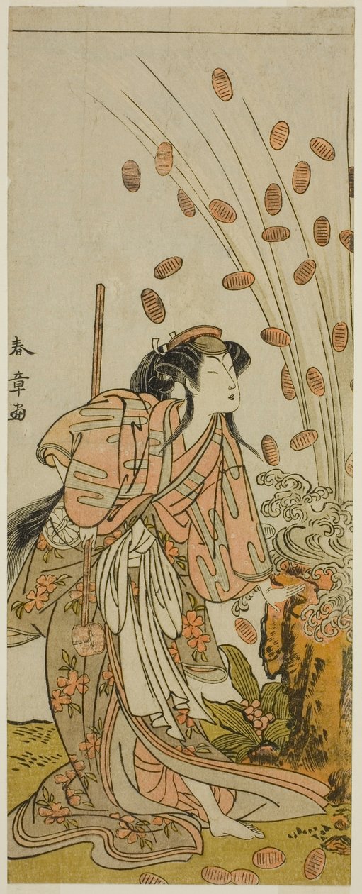 Segawa Kikunojo III, mint Hito-maru Chiyozaki udvarhölgynek álcázott Hana Katsuragi no Kane játékkupájában, az Ichimura Színházban a harmadik hónapban. alkotó: Katsukawa Shunsho