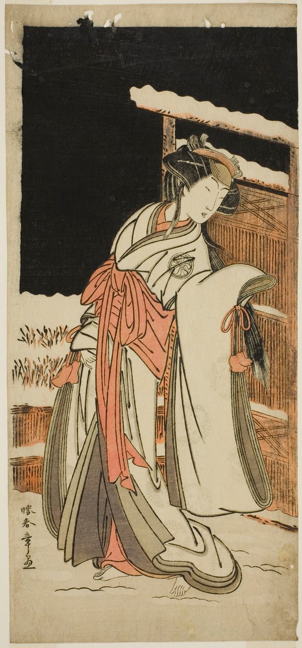 A színész Segawa Kikunojo III, mint Lady Shizuka (Shizkua Gozen) Tamazusának álcázva a Chigo Torii Tobiiri Kitsune című darabban, amelyet az Ichimura Színházban mutattak be a tizenegyedik hónapban, 1777 alkotó: Katsukawa Shunsho