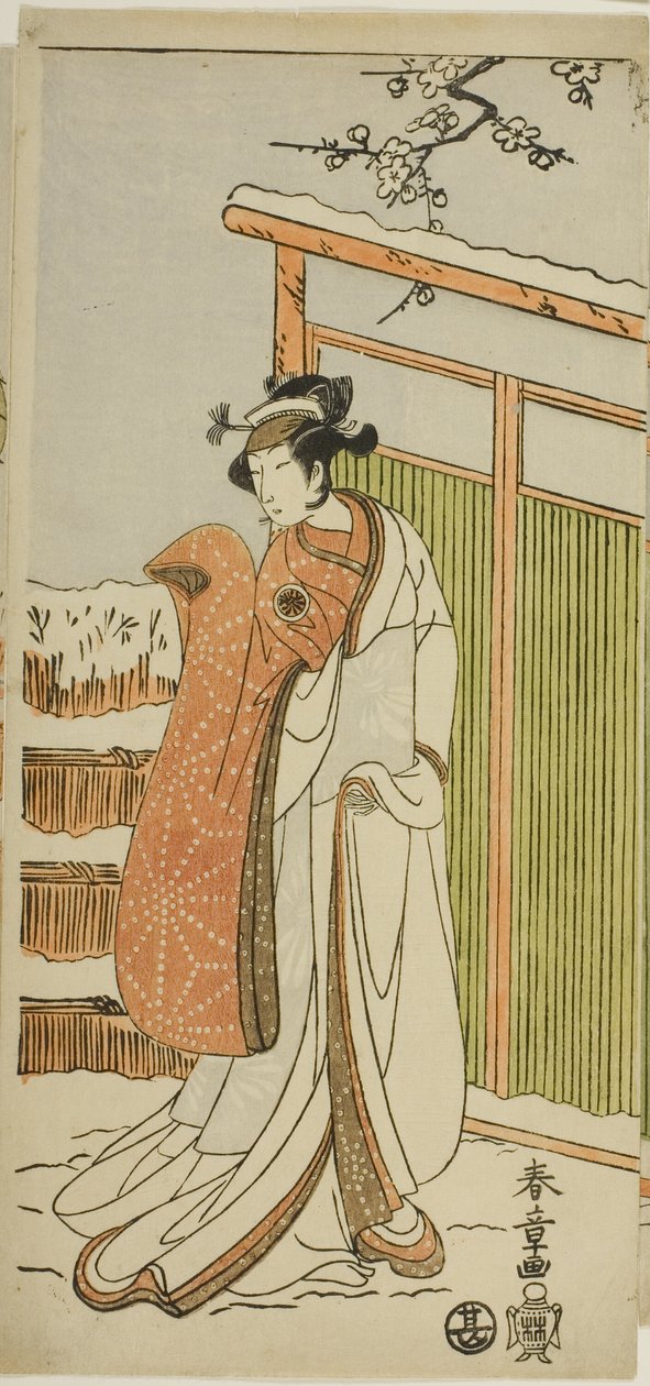 A színész Segawa Kikunojo II. mint Yuki Onna (a Hóasszony) a második jelenet táncbetétjében a Joruri "Kurtizán rouge a hófehér arcon (Oyama Beni Yuki no Sugao)" című darab második jelenetében az "Izu pamutvattája a házassági krizantémok védelmében (M alkotó: Katsukawa Shunsho