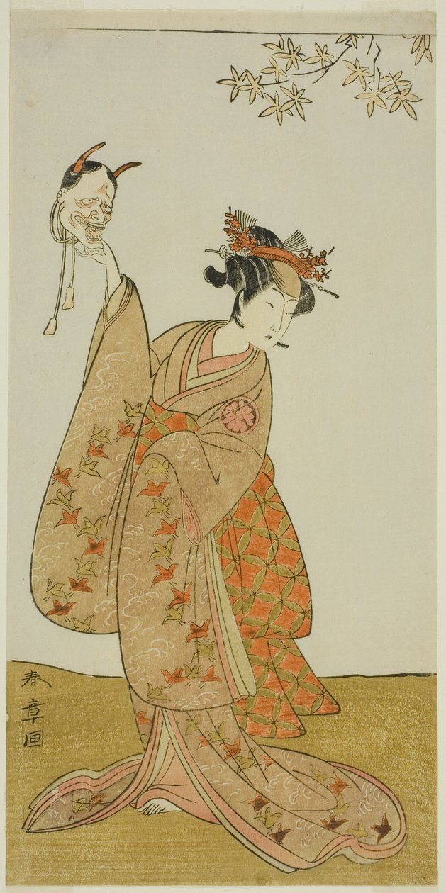 A színész I. Segawa Yujiro mint Matsukaze, Togashi no Saemon nővére a Gohiiki Kanjincho (Kedvenc színdarabod Kanjincho [Az előfizetések listája]) című darabban, amelyet a Nakamura Színházban a tizenegyedik hónap első napjától, 1773-tól. alkotó: Katsukawa Shunsho