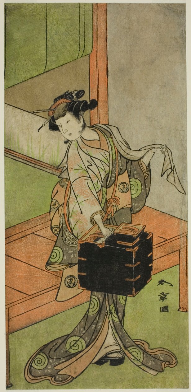 A színész Yamashita Kinsaku II, mint Miyagino fodrásznak álcázva a Kosode-gura no Tekubari című darabban, a Morita Színházban a második hónapban, 1772 (?) alkotó: Katsukawa Shunsho
