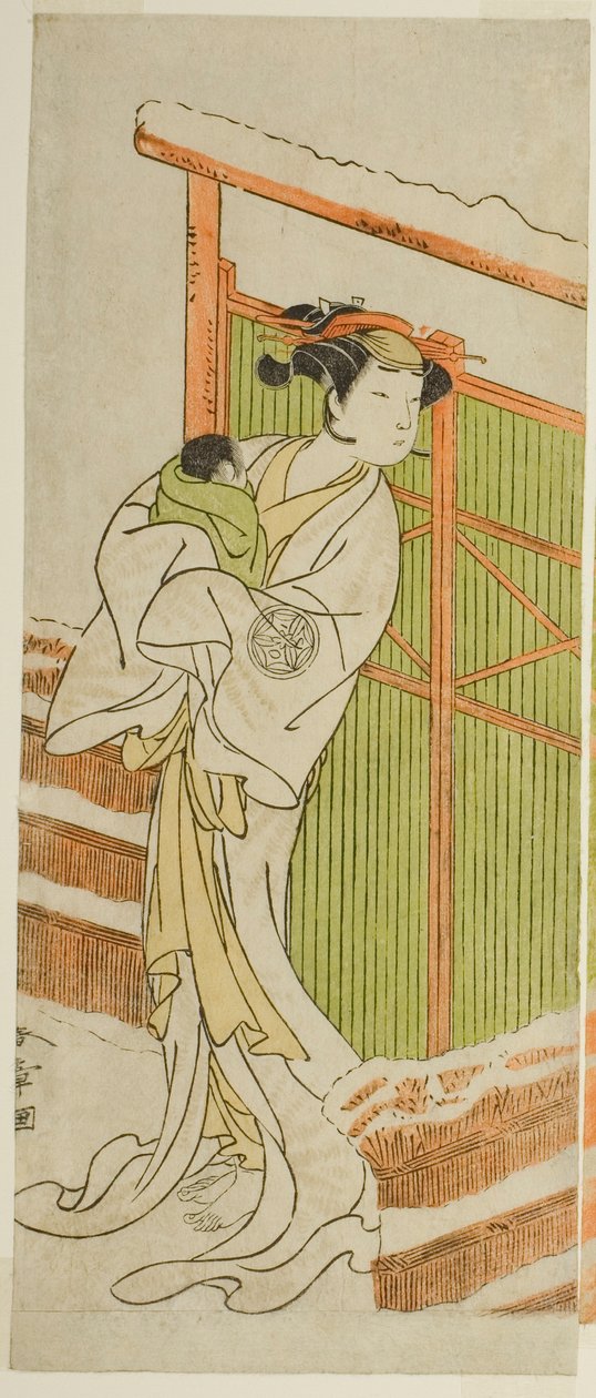 A színész Yamashita Kinsaku II Moshio szerepében az Izu-goyomi Shibai no Ganjitsu című darabban, a Morita Színházban a tizenegyedik hónapban, 1772 alkotó: Katsukawa Shunsho