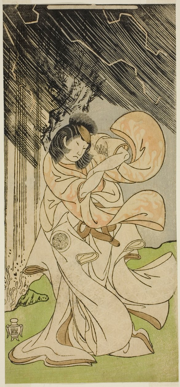 Yamashita Kinsaku II. mennydörgés istennőként az Onna Narukami című darabban, amelyet a Morita Színházban mutattak be az első hónapban, 1770 alkotó: Katsukawa Shunsho
