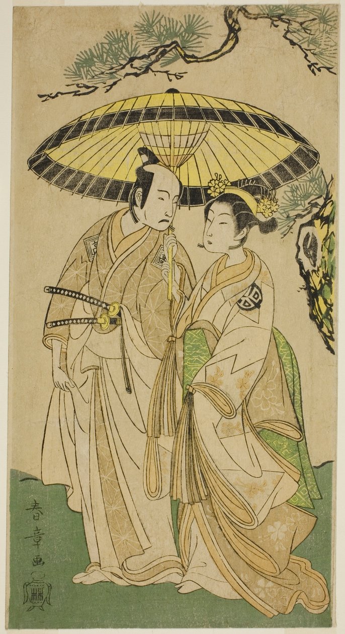 A színészek Arashi Hinaji I (jobbra) és Ichikawa Komazo II (balra), mint Sakura hercegnő (Sakura Hime) (?) és Shimizu Tonoinosuke (?), a Soga Moyo Aigo no Wakamatsu (?) című darabban, amelyet a Nakamurában adtak elő. Színház (?) a harmadik hónapban, 1769 ( alkotó: Katsukawa Shunsho