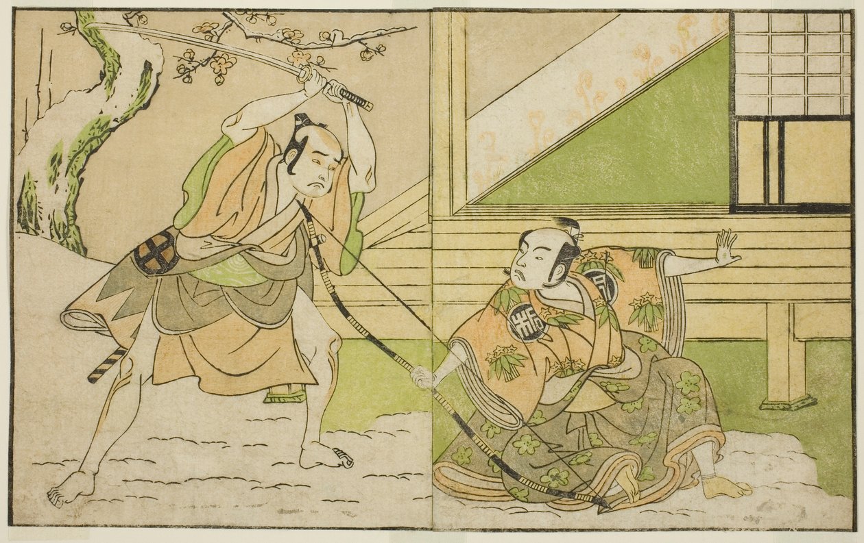 A színészek Arashi Sangoro II Hojo Tokiyoriként (jobbra) és Otani Hiroji III Koga Saburoként (balra) a Kono Hana Yotsugi no Hachi no Ki című darabban, amelyet az Ichimura Színházban mutattak be a tizenegyedik hónapban, 1771 alkotó: Katsukawa Shunsho