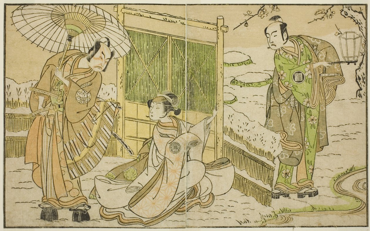 A színészek Arashi Sangoro II mint Minamoto no Yoritomo (jobbra), Segawa Kikunojo II mint Yuki Onna (középen), és Ichimura Uzaemon IX mint Kajiwara Genta no Kagetoki, a Myoto-giku Izu no Kisewata című darabban, amelyet az Ichimura Színházban adnak elő. Tiz alkotó: Katsukawa Shunsho