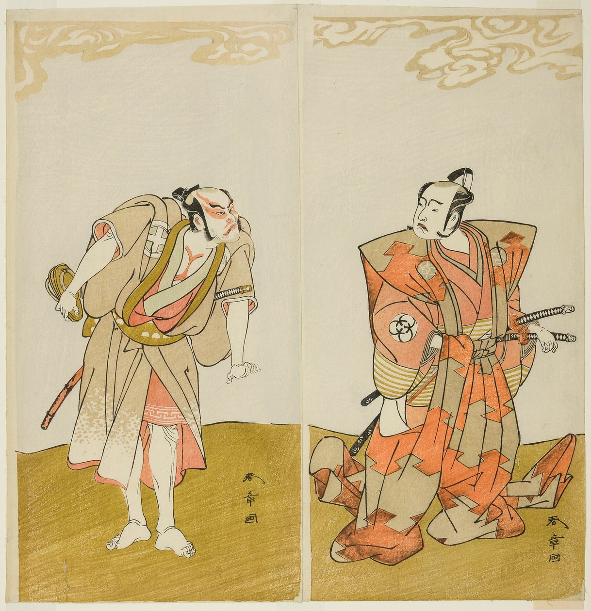 A színészek Bando Mitsugoro I Hata no Kawakatsuként (jobbra), Otani Hiroemon III pedig a Manszolga (Yakko) Gansuke (balra) a Miya-bashira Iwao no Butai (Szentélyoszlopok kőalapon) című darabban, a Moritában. Színház a t. tizenötödik napjától alkotó: Katsukawa Shunsho