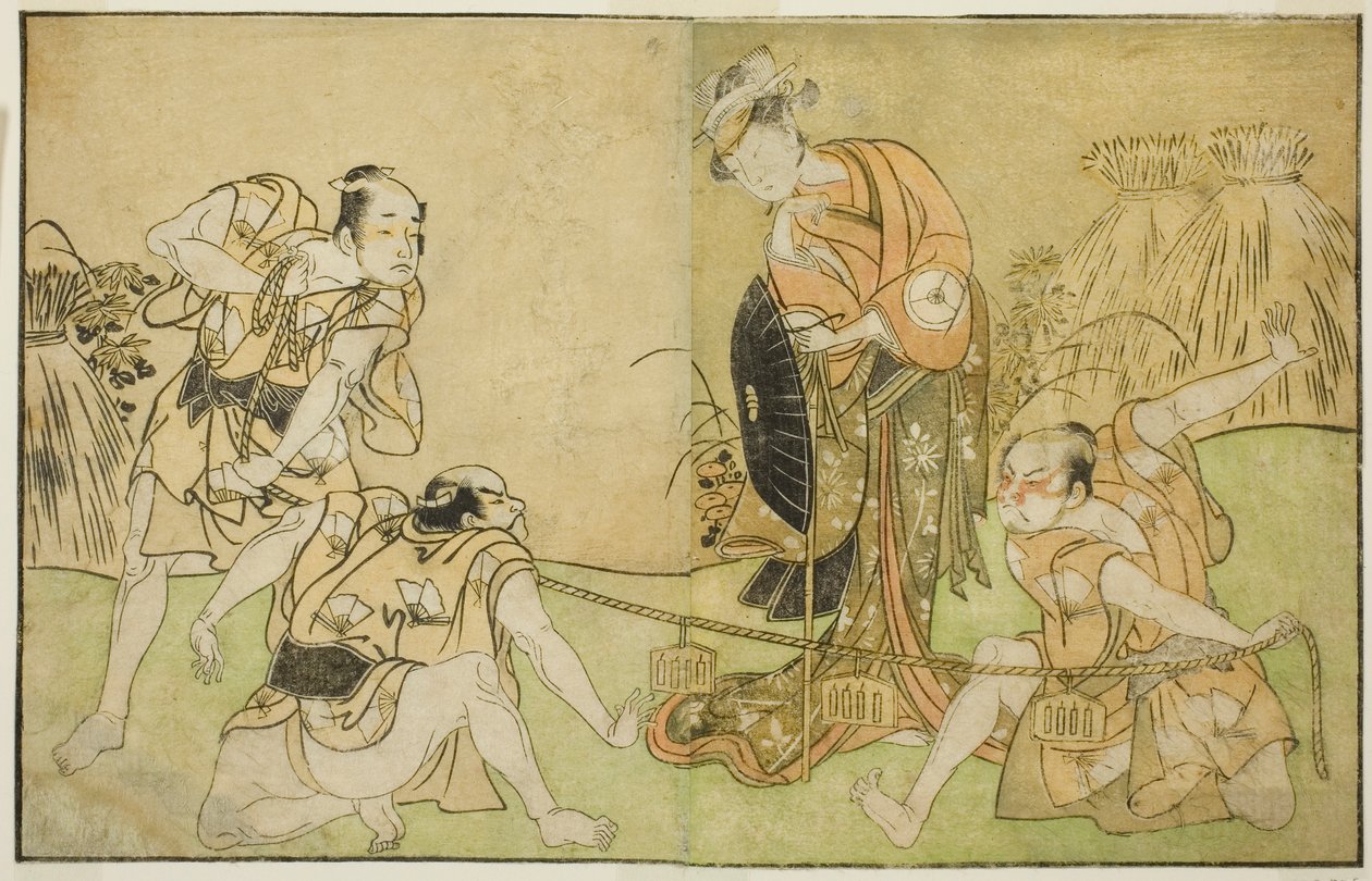 A színészek Bando Zenji I mint Nagahashi Saburo, Iwai Hanshiro IV mint Otatsu-gitsune, Nakamura Konozo mint Hagai Ujitsune és egy azonosítatlan színész (jobbról balra), a Nue no Mori Ichiyo no Mato című darabban, a Nakamura Színházban adták elő Tizenegyedi alkotó: Katsukawa Shunsho