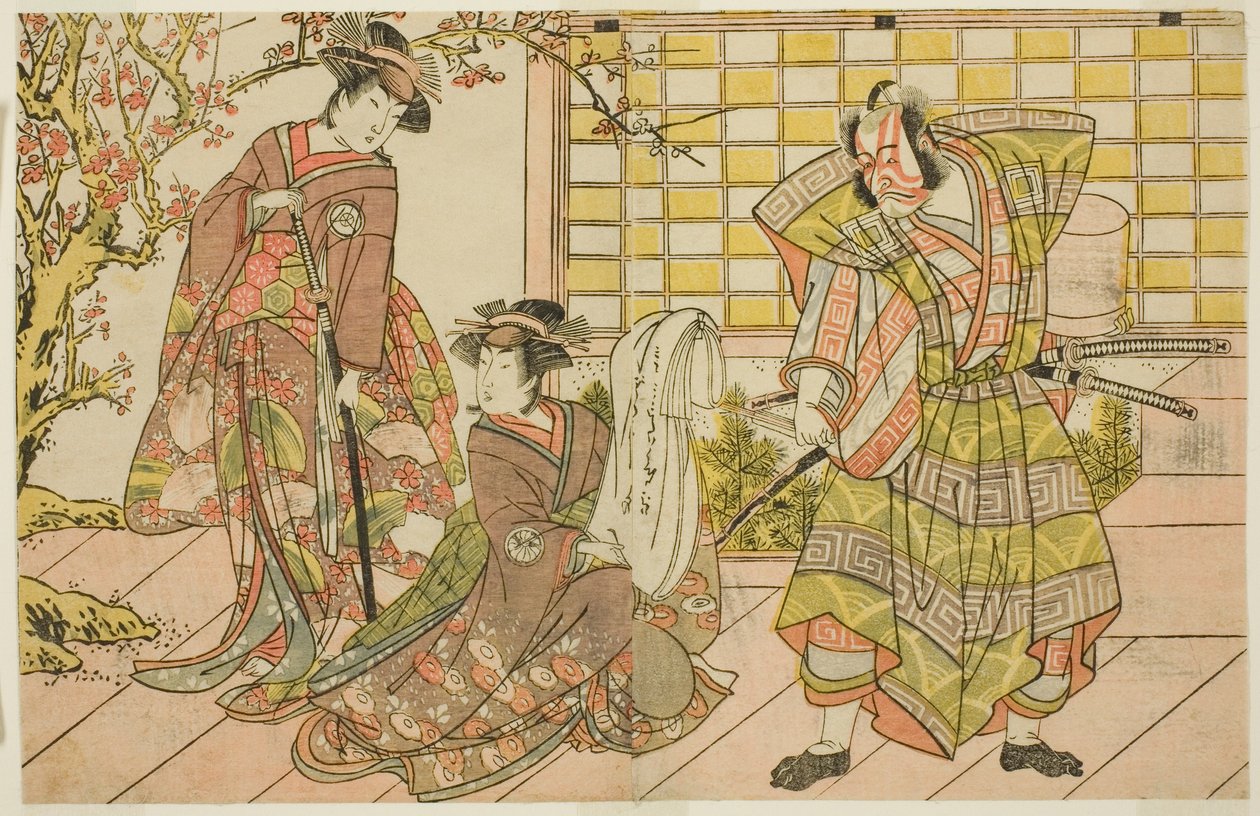 A színészek Ichikawa Danjuro V mint Miura Kunitae (jobbra), Segawa Kikunojo III mint Yasukata (középen), és Iwai Hanshiro IV mint Utou (balra), a Godai Genji Mitsugi no Furisode című darabban, amelyet a Nakamura Színházban mutattak be a tizenegyedik hónapb alkotó: Katsukawa Shunsho