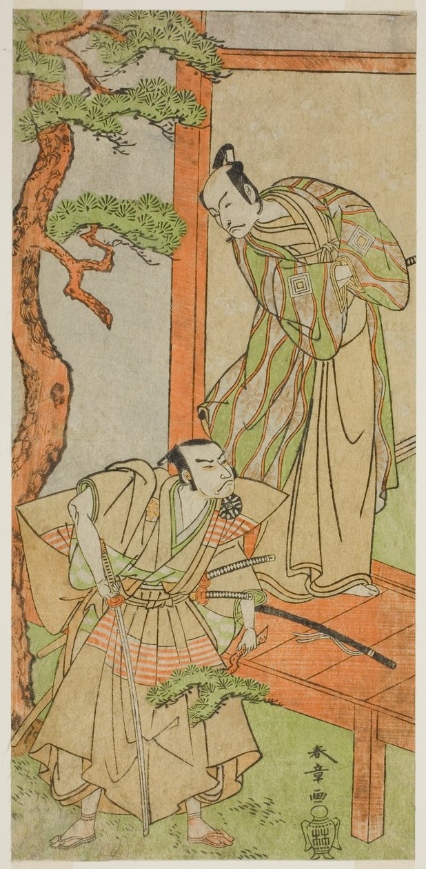 A színészek, Ichikawa Danjuro V Momonoi Wakasanosuke (jobbra), Nakamura Nakazo I pedig Kakogawa Honzo (balra) a Kanadehon Chushingura című darabban, amelyet a Nakamura Színházban mutattak be az ötödik hónapban, 1771 alkotó: Katsukawa Shunsho