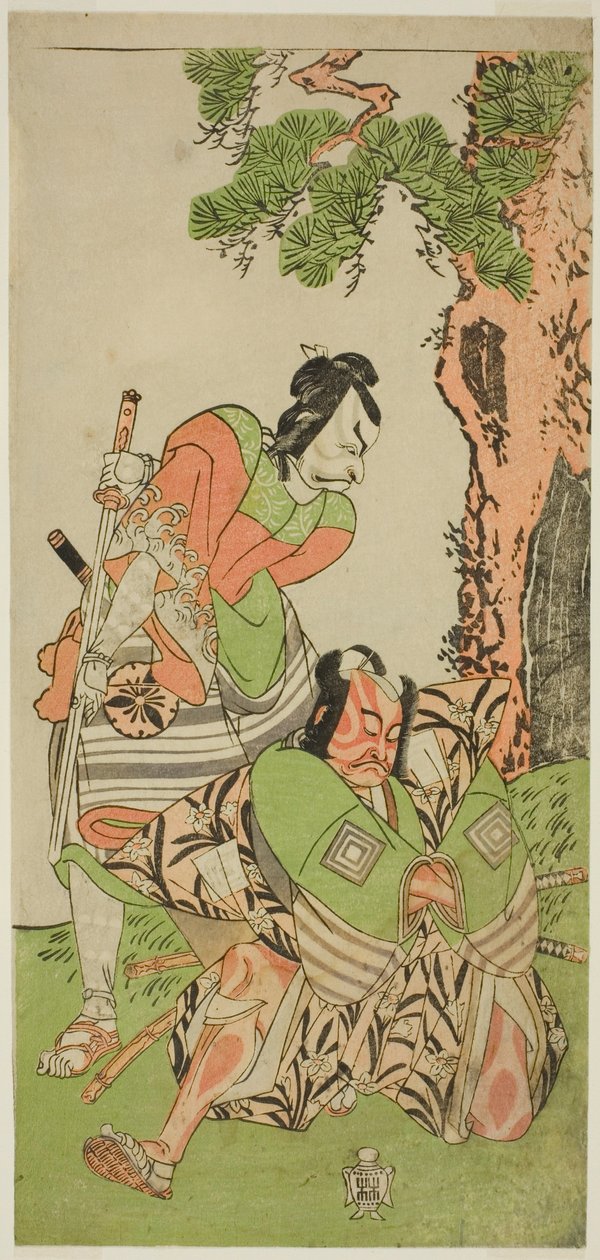 A színészek Ichikawa Danzo III, mint I no Hayata Tadazumi (jobbra), és Matsumoto Koshiro II, mint Osada no Taro Kagemune, Yatsurugi Zaemonnak álcázva (balra), a Nue no Mori Ichiyo no Mato című darabban, amelyet a Nakamura Színházban mutattak be a tizenegye alkotó: Katsukawa Shunsho