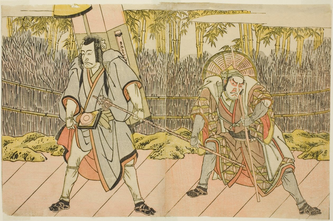 A színészek Ichikawa Danzo IV, mint Arakawa Taro Takesada, mint a palánkvin hordozó Tarobei (jobbra), és Ichikawa Danjuro V, mint Abe no Sadato, mint a zarándok Kuriyagawa Jirodayu (balra), a Godai Genji Mitsugi no Furisode című darabban, előadva: alkotó: Katsukawa Shunsho