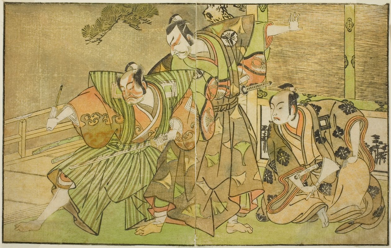 A színészek Ichikawa Komazo II mint Minamoto no Yorimasa (jobbra), Matsumoto Koshiro II mint Osada no Taro Kagemune, Yatsurugi Zaemonnak álcázott (középen), és Ichikawa Danzo III mint I no Hayata Tadazumi (balra), A színdarabban Nue no Mori Ichiyo no Mato, alkotó: Katsukawa Shunsho