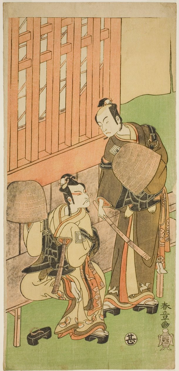 A színészek Ichikawa Komazo II, mint Soga no Juro Sukenari (jobbra), és Ichikawa Danjuro V mint Soga no Goro Tokimune (balra), a Komuso Attiresben, a Sakaicho Soga Nendaiki című darabban, a Nakamura Színházban az első hónapban, 1771 alkotó: Katsukawa Shunsho